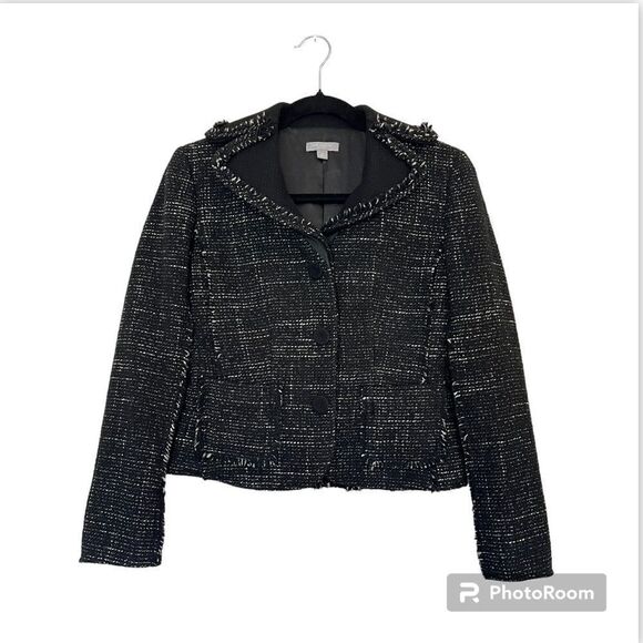 Ann Taylor Wool Blend Tweed Black Fringed Blazer Jacket Size 2 Petites - Picture 1 of 9